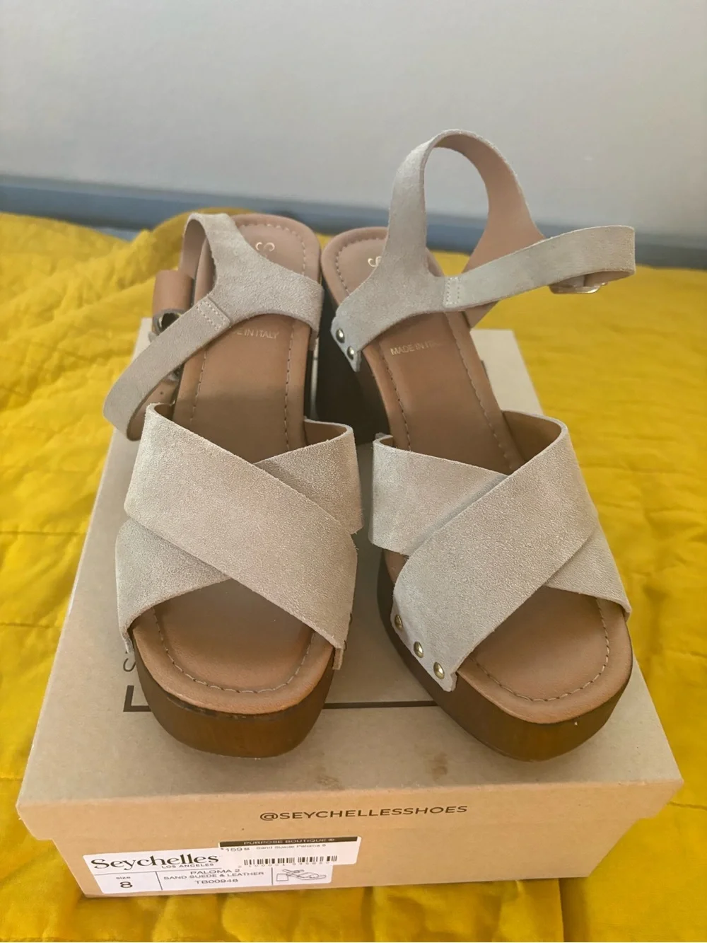 Seychelles Beige Suede Platform Sandals with Gold Studs